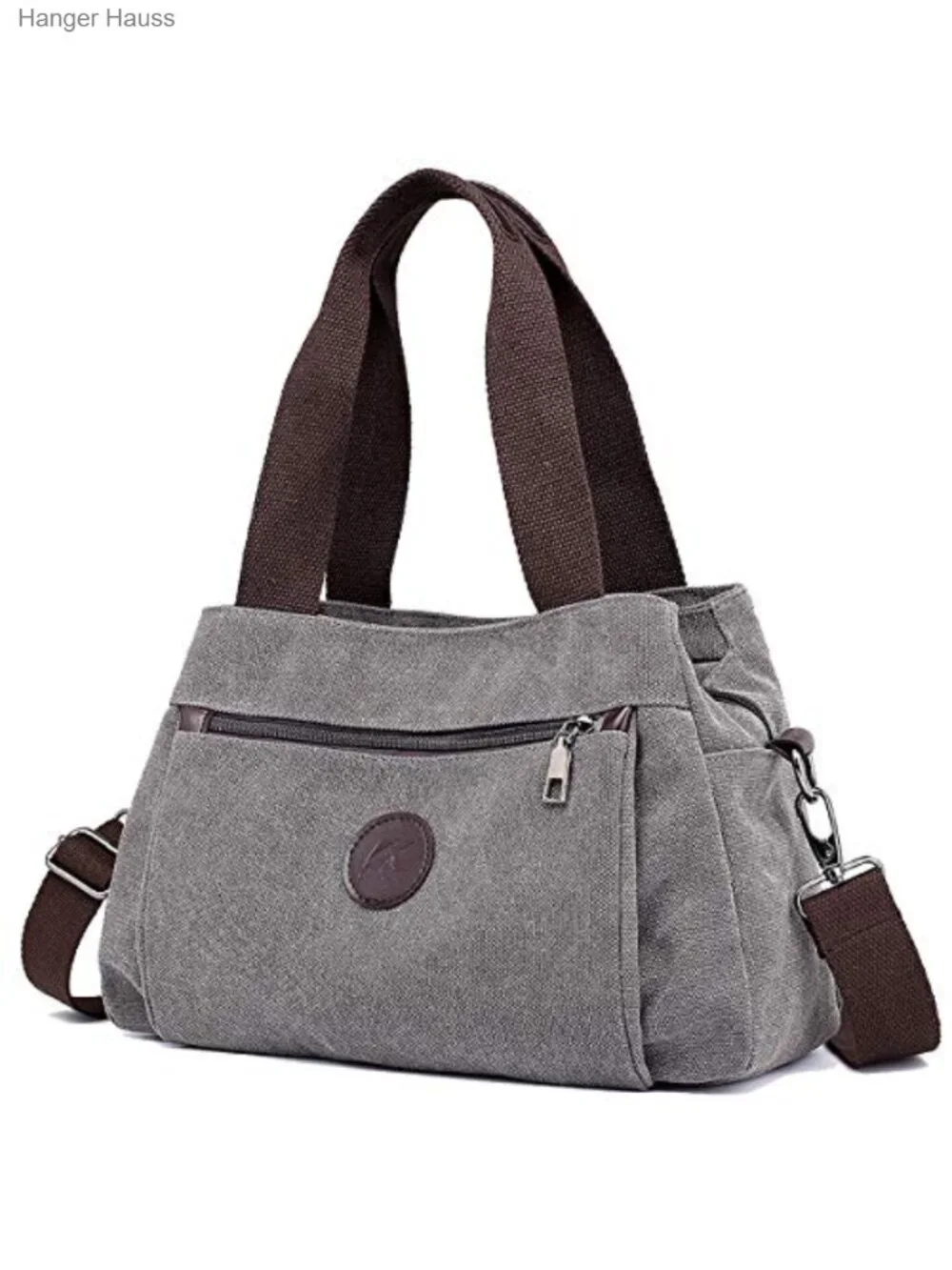 Canvas Hobo Crossbody Bag with Triple Zip Pockets, Medium Tote